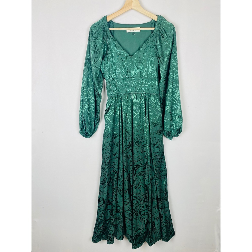 Taylor Green Jacquard V-Neck Smocked Waist Long Sleeve Maxi Dress XS